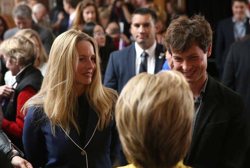 Democratic presidential candidate former Secretary of State Hillary Clinton greets Laurene Powell (l) widow of Steve Jobs, and her son Reed Jobs after delivering a counterterrorism address at Stanford University on Mar. 23, in Stanford, Calif. A day after terror attacks left dozens people dead in Brussels, Hillary Clinton delivered a counter terrorism speech.  (Justin Sullivan | Getty Images) 