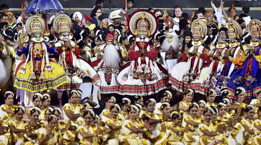Artists from Kerala perform during the opening day of the three-day long World Culture Festival in New Delhi, Mar. 11. (Kamal Kishore | PTI) 