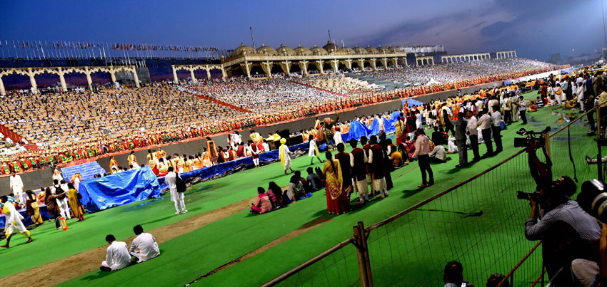 A view of the gathering during the opening day of the three-day long World Culture Festival on the banks of Yamuna River in New Delhi, Mar. 11. (Atul Yadav | PTI) 