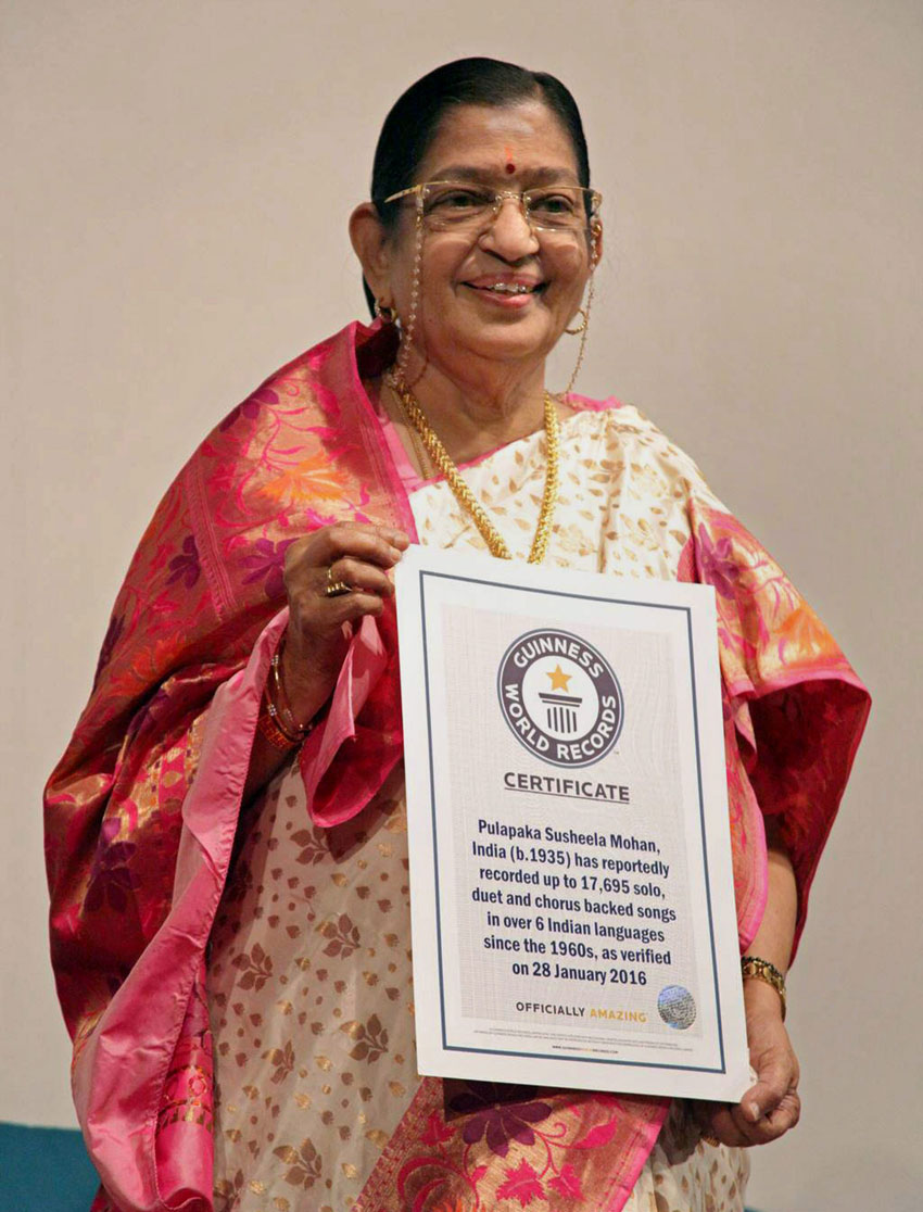 Legendary playback singer P. Susheela holds certificate of Guinness World Records title for the highest number of solo, duet and chorus backed songs in over six Indian languages. In an official certificate presented by Guinness it was verified that she has sung 17,695 solo, duet and chorus backed songs as of Jan. 28. (Press Trust of India) 