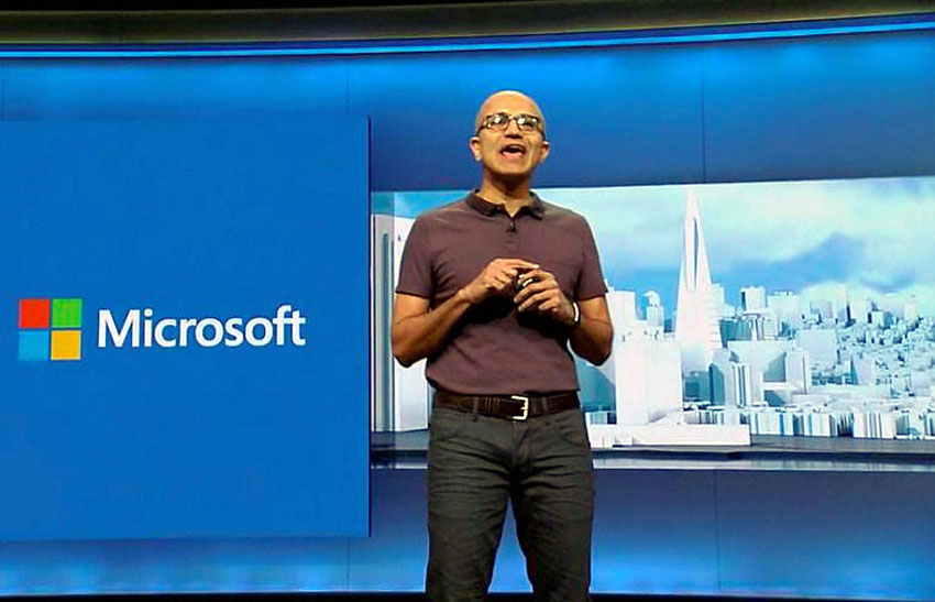 Microsoft CEO Satya Nadella giving the keynote address at the Microsoft's annual developer conference 'Build 2016'  in San Francisco, Mar. 30. (Press Trust of India) 