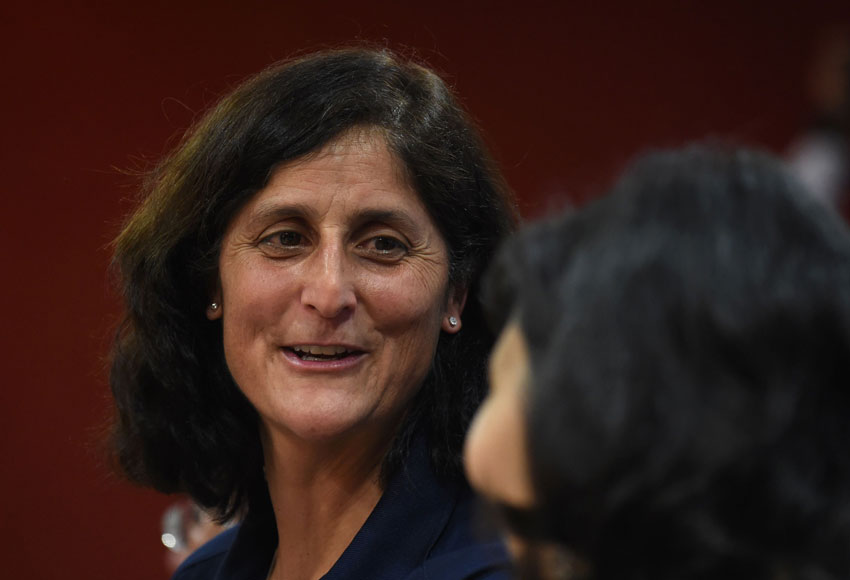 Astronaut Sunita Williams speaks during an event on women's empowerment – Science, Technology, Engineering and Mathematics (STEM) Education, at the Federation of Indian Chambers of Commerce and Industry meet in New Delhi, Feb. 25. (Sajjad Hussain | AFP | Getty Images) 