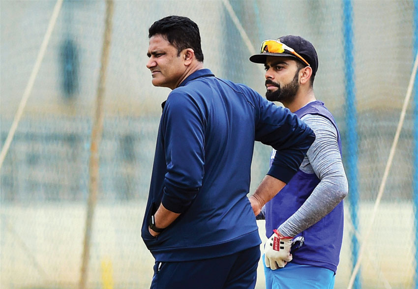Team India Head Coach Anil Kumble and Skipper Virat Kohli during the preparatory camp ahead of West Indies tour at National Cricket Academy ground in Bengaluru, July 1. (Shailendra Bhojak | PTI)