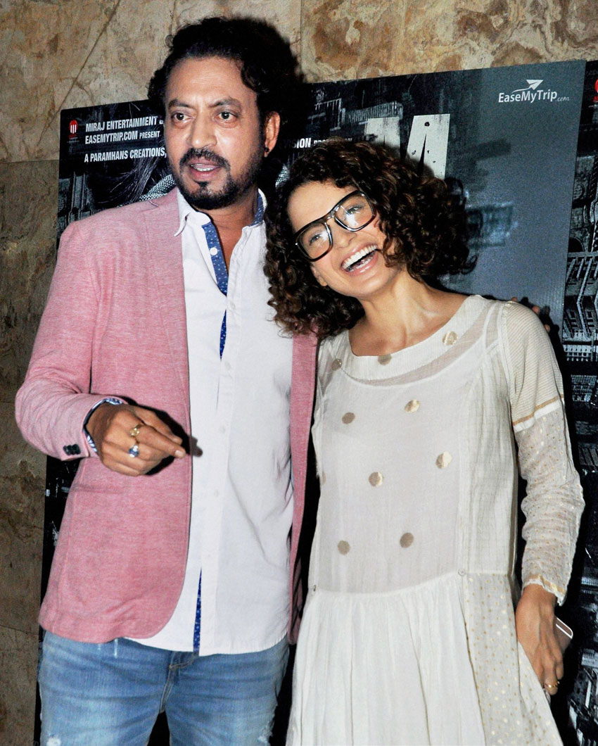 Irrfan Khan poses with Kangana Ranaut at the screening of film “Madaari,” in Mumbai, July 20. (Press Trust of India) 