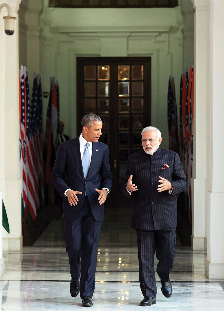 File photo of Prime Minister Narendra Modi and President Barack Obama prior to a meeting at Hyderabad House, in New Delhi, during Obama’s visit in 2015. (Atul Yadav | PTI)
