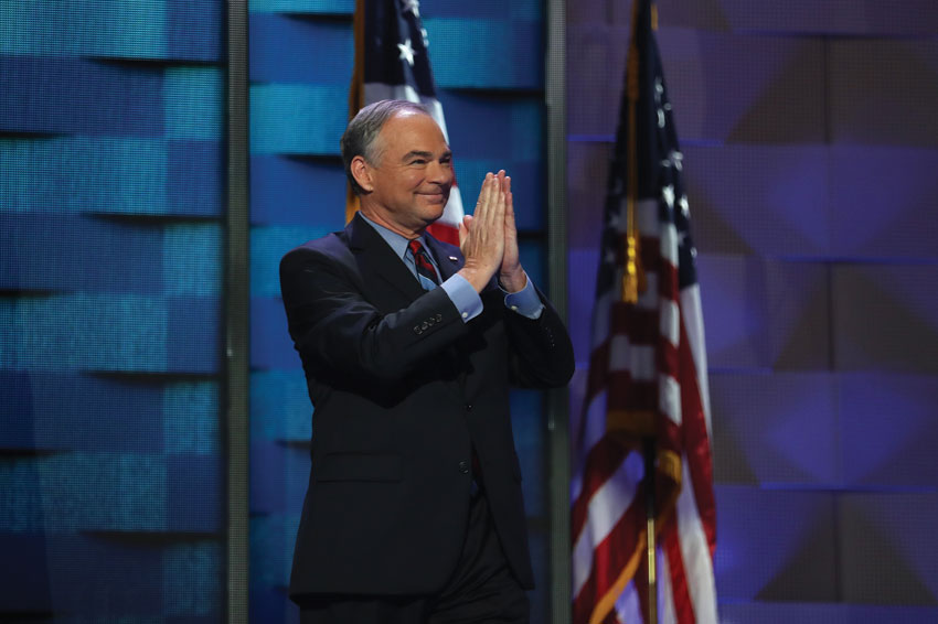 Vice President nominee Tim Kaine acknowledges the crowd prior to delivering remarks on the third day of the Democratic National Convention at the Wells Fargo Center, July 27, in Philadelphia, Pennsylvania. (Joe Raedle | Getty Images) 