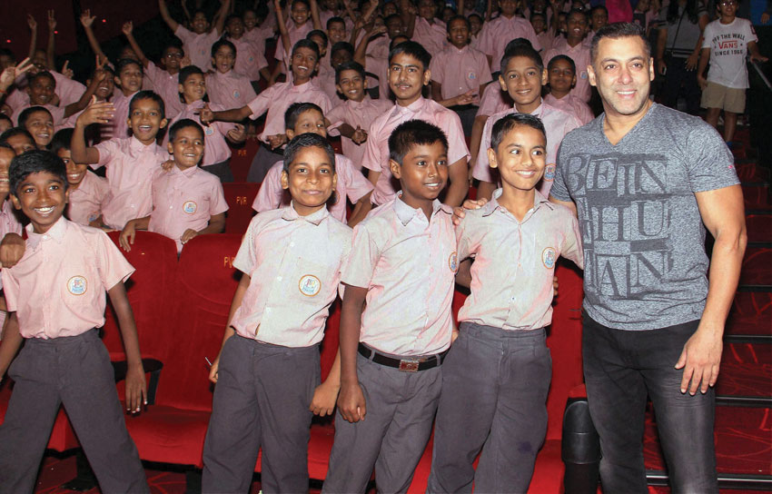 Salman Khan with school children during a special show of his film “Sultan” in Mumbai, July 9. (Press Trust of India) 