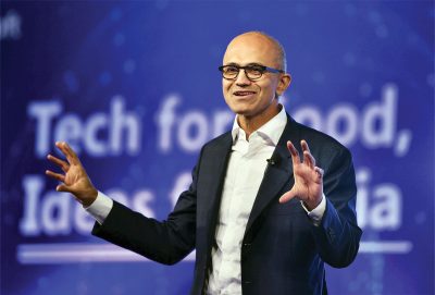 File photo of Microsoft CEO Satya Nadella delivering keynote address at the company's 'Tech For Good, Ideas for India' event in New Delhi, May 2016. (Shahbaz Khan/PTI)