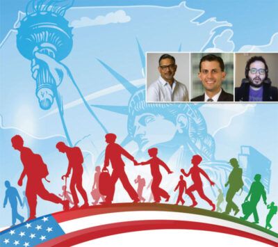 (Inset, l-r): Ali Noorani, President & Chief Executive Officer of the National Immigration Forum; Alex Nowrasteh, Immigration Policy Analyst at the Cato Institute’s Center for Global Liberty and Prosperity; Juan Escalante, undocumented immigrant with DACA, Dreamer leader. (Siliconeer/EMS/iStock)