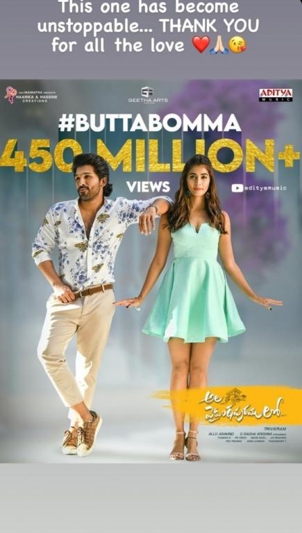 Allu Arjun And Pooja Hegde's Song Butta Bomma From Ala Vaikunthapurramuloo  Crosses 450 Million Views On YouTube! - Yahoo Sports