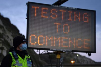 Testing was set to start on drivers stuck in the port of Dover after talks with France to reopen borders. ©AFP JUSTIN TALLIS