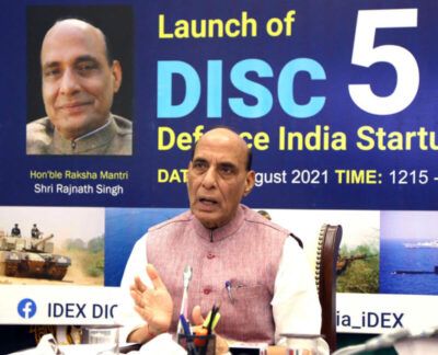 Indian Defense Minister Rajnath Singh addressing the launch of the Defense India Startup Challenge (DISC) 5.0 under Innovations for Defense Excellence - Defense Innovation Organization (iDEX-DIO), through video conferencing, in New Delhi, Aug. 19. (PIB)
