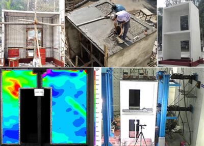 (Clockwise from top left): Building skeleton made of factory-made EPS core panels; Spraying and pouring of concrete over the EPS core skeleton and finished building model; Testing of the full-scale building model in the NSTF and strain pattern obtained using the contactless Digital Image Correlation system procured through DST-FIST support.