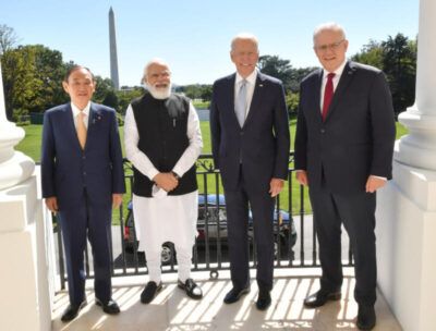 Indian Prime Minister Narendra Modi (2nd from l) with President Joe Biden (2nd from r) Japanese Prime Minister Yoshihide Suga (l) and Australian Prime Minister Scott Morrison at the QUAD Summit, in Washington, D.C., Sept. 24. (PIB)