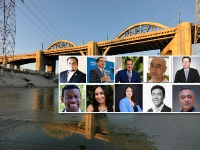 (Above) The Los Angeles River in its current state. (Shutterstock) (Inset): Clockwise from top left): Rudy Ortega, Jr.,Tribal President, Fernandeno Tataviam Band of Mission Indians; Fernando Guerra, Founding Director of the Center for the Study of Los Angeles, Loyola Marymount University; Anthony Rendon, Speaker, California State Assembly; Tensho Takemori, Partner, Gehry Partners; Max Podemski, Planning Director, LA City Council President Nury Martinez; Miguel Angel Luna, President, Urban Semillas; Damon Nagami, Senior Attorney and Director, Natural Resources Defense Council’s Southern California Ecosystems Project; Belen Bernal, Executive Director, Nature for All; Sarah Rascon, Environmental Equity Officer and Urban River Program Officer, Mountains Recreation and Conservation Authority; Mark Stanley, Executive Officer, Rivers and Mountains Conservancy. (Siliconeer/EMS)