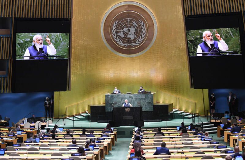 (Ab0ve): Indian Prime Minister Narendra Modi at the United Nations General Assembly (UNGA), in New York, Sept. 25, 2021. (PIB)