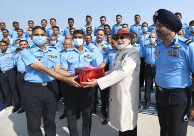 Indian Prime Minister Narendra Modi celebrating Diwali with the Indian Air Force Soldiers, at Jammu Airport, on Nov. 4, 2021. (PIB)