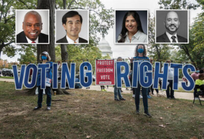 (Above): Protesting recent anti-voter legislation across the country, demonstrators at the Freedom to Vote rally, Oct. 23, in Washington, D.C., call to pressure Congress to pass three voting rights acts. (Bob Korn/Shutterstock) (Inset: l-r): Wade Henderson, Interim President and CEO of the Leadership Conference on Civil and Human Rights, the oldest civil rights coalition in the U.S.; John C. Yang, Executive Director of Asian Americans Advancing Justice (AAJC); Jacqueline De Leon, Staff Attorney, Native American Rights Fund; and Sean Morales-Doyle, Acting Director for the Democracy Program at the Brennan Center for Justice. (Siliconeer/EMS)