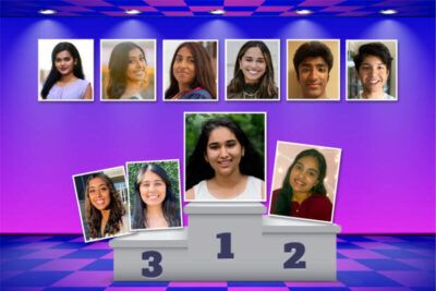 (Top, l-r): Finalists – Sumana Kaluvai, Sneha Shrinivas, Sarvani Kunapareddy, Pareen Mathre, and Bhavey Jain. (Bottom, l-r): Khushi Patel and Reet Mishra (3rd place), Shristi Sharma (winner), Mansavi Perisetty (2nd place). (Siliconeer)