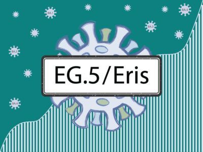 EG.5 / Eris in the sign. Coronovirus with spike proteins of a different color symbolizing mutations. New Omicron sub-variant against the background of covid-19 case. (Adobe Stock)