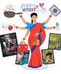 The quintessential Indian mother with many arms holding a bag and a pan and a briefcase